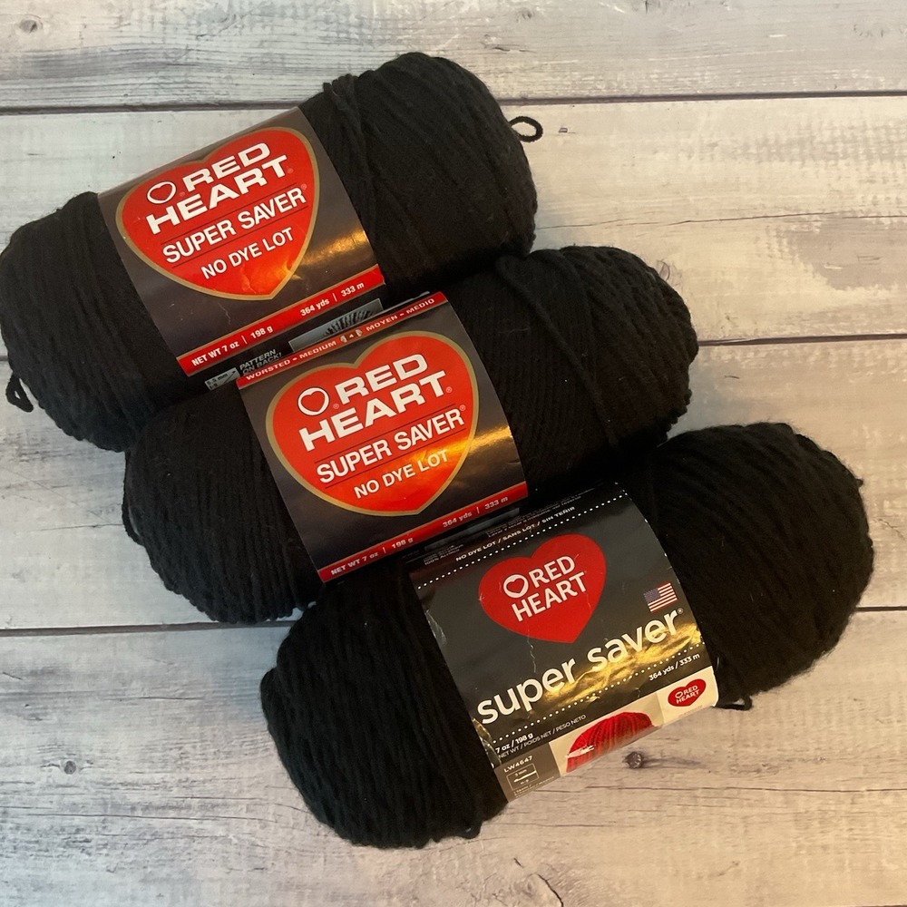 Red Heart Super Saver Yarn 3 Skeins Black 100% Acrylic 7 Oz No Dye Lot